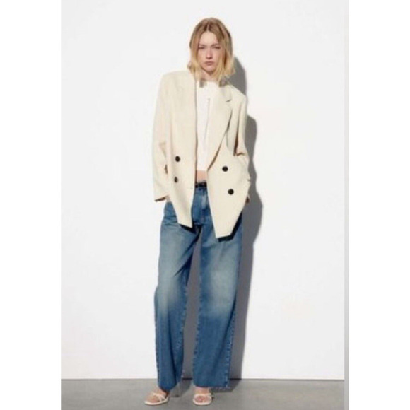 Zara Womens Oversized Double Breasted Blazer Size Large Ecru Academia Preppy - Picture 15 of 16